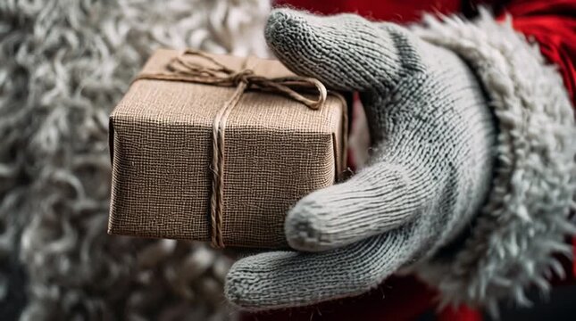 Santa claus holding a christmas present wrapped in brown paper with twine in a gloved hand close up