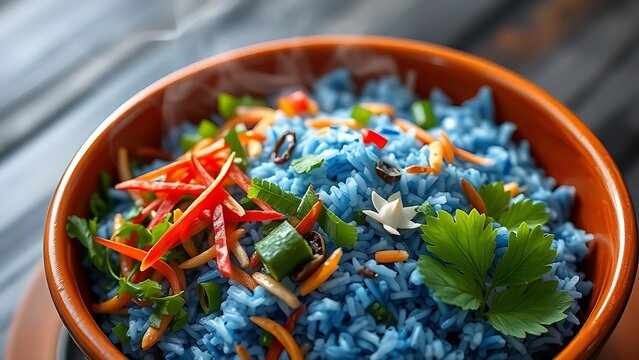 Colorful nasi kerabu in a terracotta bowl, blue rice contrasting with fresh herbs and aromatic spices.