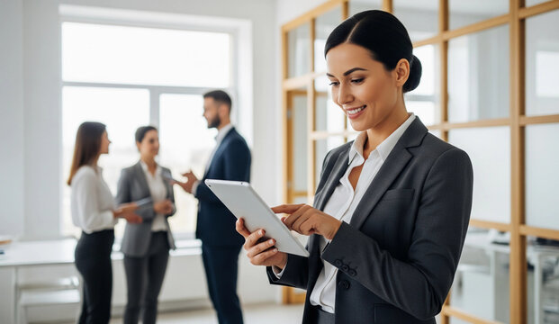 Confident businesswoman using a digital tablet in a modern office. Professional woman smiling while working on a touchscreen device with colleagues in the background having a meeting.
