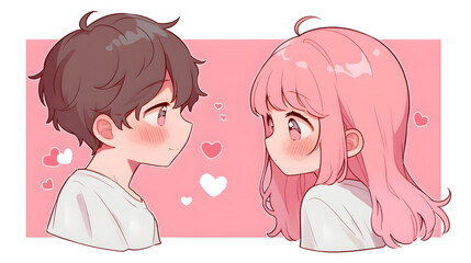 chibi anime couple looking at each other