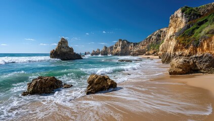 Coastal beach scene under a clear blue sky