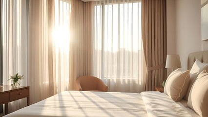 Elegant hotel bedroom with neatly made bed, morning sunlight streaming through sheer curtains.