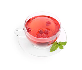 Tasty raspberry tea, berries and leaves isolated on white