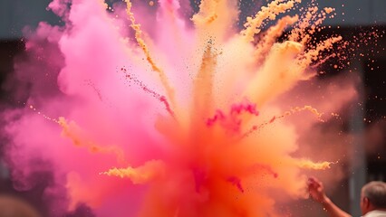 Swirling cloud of colorful powder mid-air, capturing dynamic motion in a festive celebration scene.
