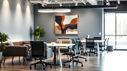 Minimalist coworking space with abstract art and clean modern design, bathed in soft ambient light.