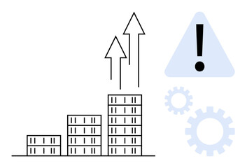 Fototapeta premium Bar chart with arrows indicating growth, warning sign symbolizing caution, and gears representing process improvement. Ideal for strategy, risk management, business planning, growth, finance
