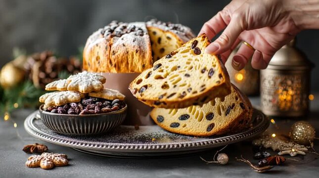 A festive display of panettone cake slices with cookies and raisins on a decorative silver platter