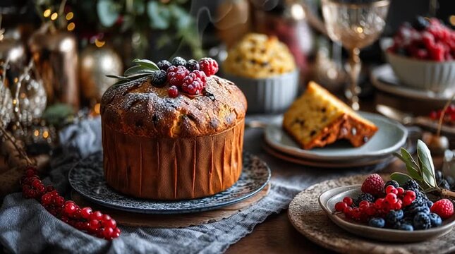A festive panettone cake adorned with berries and powdered sugar on a decorated christmas table