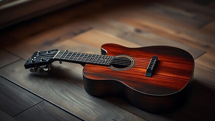 Fototapeta premium A vintage guitar resting on a wooden floor, highlighted by warm lighting from the side.