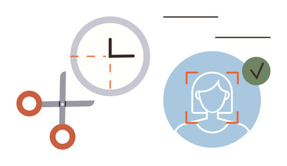 Scissors cutting a clock, symbolic of time management, and a facial recognition profile with a green checkmark, representing verification. Ideal for identity security, time tracking, AI, efficiency