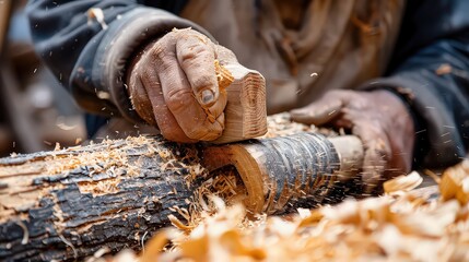 Fototapeta premium A craftsman shaping a wooden log with a drawknife creating wood shavings in a traditional woodworking style