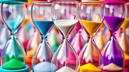 Colorful overlapping hourglasses with upward-flowing sand, depicting the unique perception of time in ADHD.