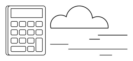 Calculator next to a cloud outline with dynamic motion lines. Ideal for finance, technology, cloud computing, data analysis, digital transformation, efficiency, simple flat metaphor