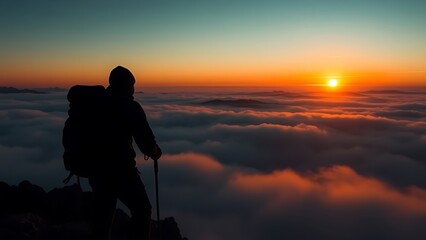 Silhouette of a mountain climber at sunrise, embodying adventure and the spirit of exploration.