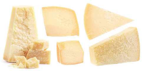 Parmesan cheese pieces isolated on white, set