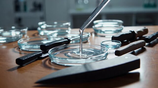 Transparent cosmetic serum drips slowly from pipettes into clear petri dishes this precise 4K macro captures beauty and science meeting in laboratory skincare formulation and natural product