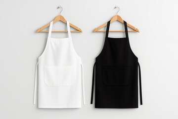 Two clean aprons, one white and one black, hanging on wooden hangers against a white wall, concept for cooking class, food service business and catering uniform