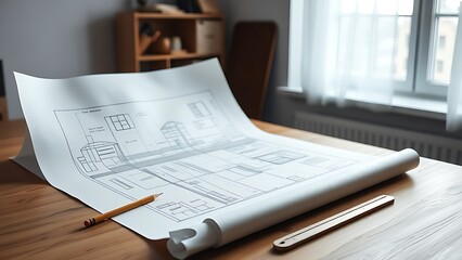 Obraz premium Architectural blueprint on drafting table with tools, morning light in studio.