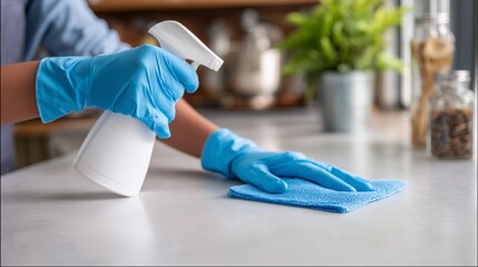 Person in blue gloves cleaning surface with spray bottle and blue cloth. Concept for hygiene promotion, household chores and antibacterial product advertising