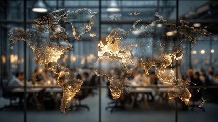 A glowing world map displayed in a modern office, symbolizing global connectivity and collaboration.