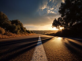 Scenic asphalt road stretches into the horizon with dramatic sky and trees, concept for road trip inspiration, adventure travel planning and landscape photography promotion