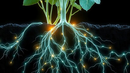 An X-ray view of plant roots unveiling a hidden glowing network weaving through the soil.