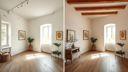 Side-by-side comparison of a room corner showing transformation from old to renovated state.