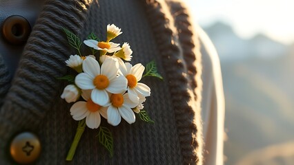 Glowing Swiss lantern with white cross motif, resting on rustic wood with alpine meadow in soft focus.