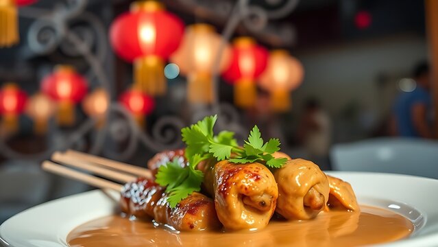 Traditional kueh lapis dessert on marble plate with gold leaf, blurred red lanterns creating festive ambiance.