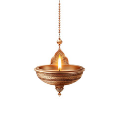 Elegantly crafted hanging oil lamp with glowing flame, traditional for festival decoration and religious rituals.