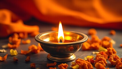 A traditional brass diya with a glowing flame surrounded by marigold petals, symbolizing cultural celebration.