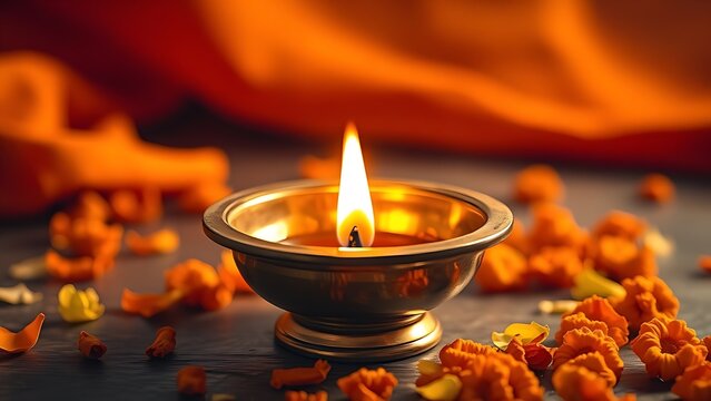 A traditional brass diya with a glowing flame surrounded by marigold petals, symbolizing cultural celebration.