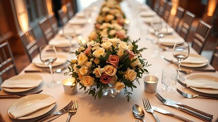 Elegant wedding buffet table with floral centerpiece and polished silverware in warm ambient lighting.