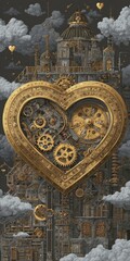 A heart-shaped steampunk city in the clouds