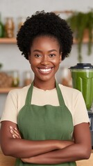 Smiling young woman in an apron, standing confidently in a health-focused cafe environment.