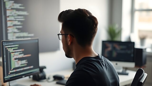 A focused developer working at a minimalist desk with a blurred code projection.