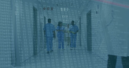 Walking team wearing scrubs holding clipboard tablet folder in hospital corridor, with code overlay