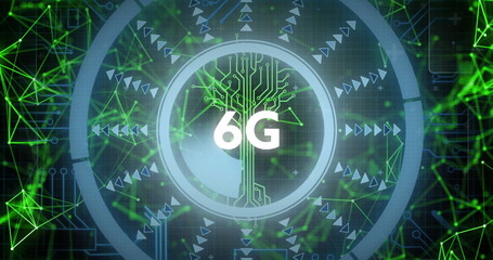 Displaying circular interface showing circuit-tree and glowing 6G text in network, with green mesh