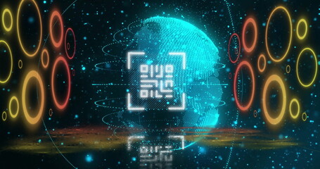 Displaying Earth globe made of blue dots in virtual space, with scanning frame and glowing rings