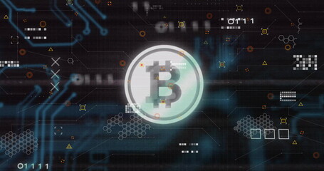Shining central Bitcoin icon hovering in virtual data network space, with glowing circuit traces