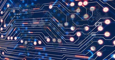 Displaying network overlay on screen, showing glowing nodes, map outlines, icons, light streaks