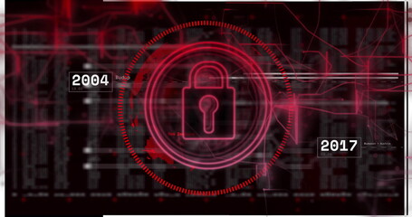 Red padlock icon pulsing on dashboard with progress rings, glitching columns, 2004 or 2017 timestamp