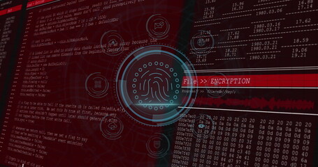 Displaying circular fingerprint pulsing on secure interface, with encryption bar, waveform and code