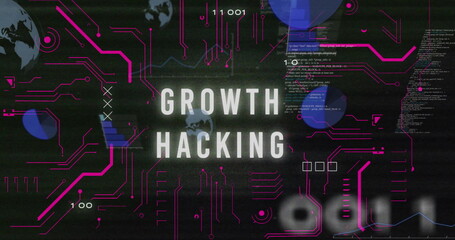 Displaying Growth Hacking text dominating tech dashboard, with magenta circuits and globe icons