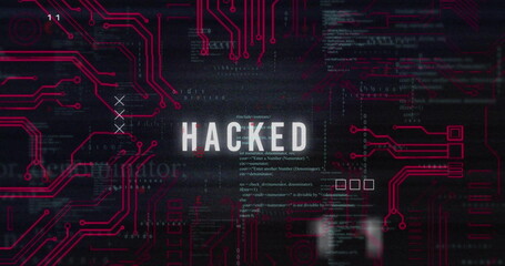 Showing glowing white HACKED text over black interface, with red circuit traces and binary code