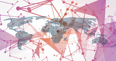 Obraz premium World map displaying network links in digital scene, with network nodes and geometric overlays
