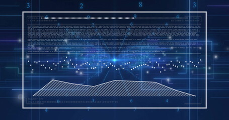 Presenting framed data panel on simulated screen, showing alphanumeric data and hatched area chart
