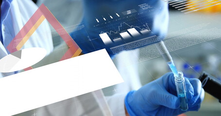 Technician wearing gloves pipetting blue liquid into test tube in lab, digital overlays, copy space