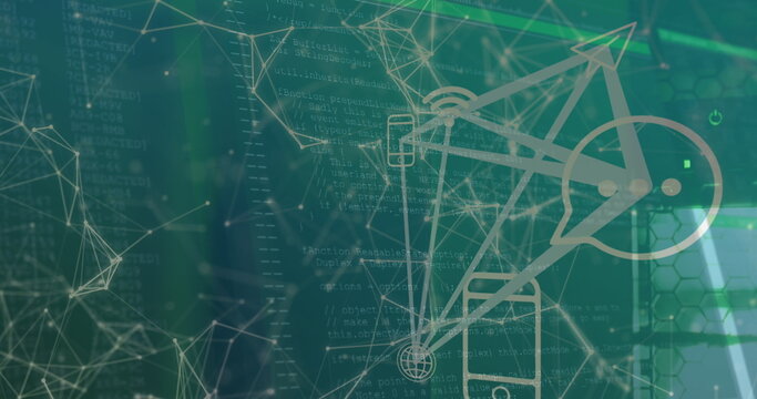 Displaying network connecting smartphone and gauge icon in UI featuring code text and hexagon mesh