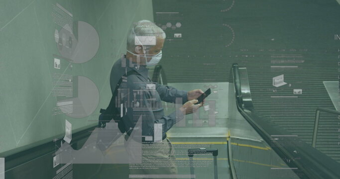Mature male riding escalator and checking smartphone in metro station, with AR data overlays